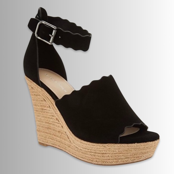 Marc Fisher Shoes - Marc Fisher Haya Black Leather Suede Cork Ankle Strap Peep Toe Wedge Sandal, 8